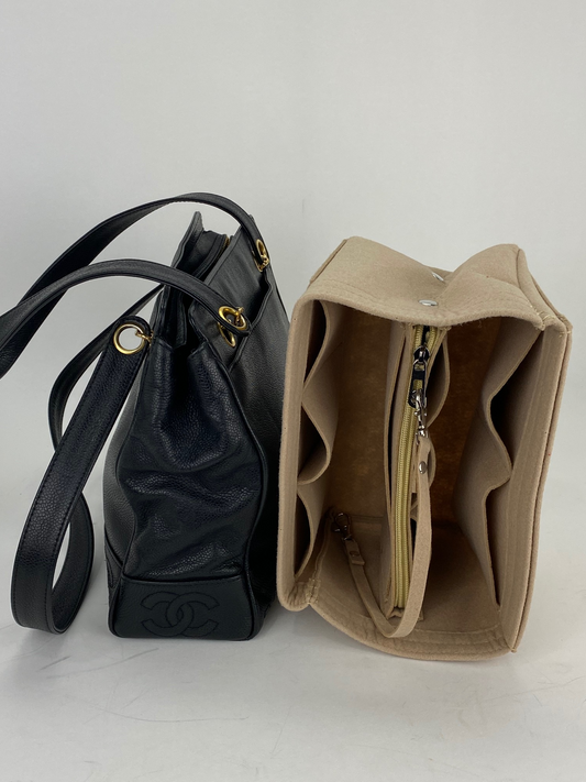 CHANEL Vintage Black Caviar Leather CC Zip Tote Shoulder Bag w/added insert Pre owned