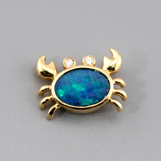 Charming Crab Australian Doublet Opal with Diamond Eyes in 18K Yellow Gold