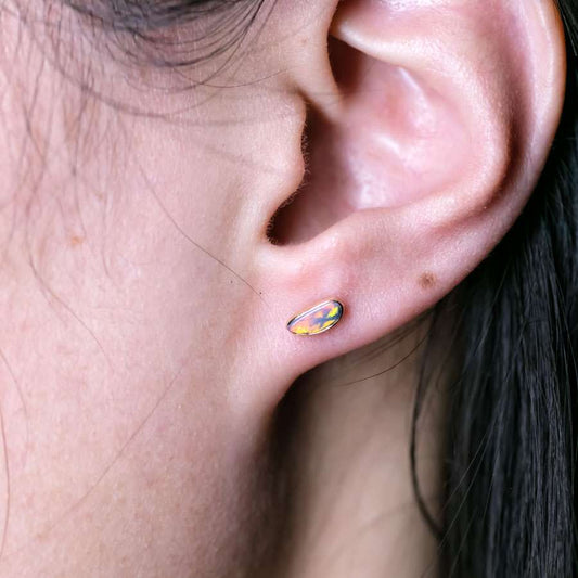 Minimalist Free Shaped Australian Doublet Opal Stud Earrings 18K Yellow Gold