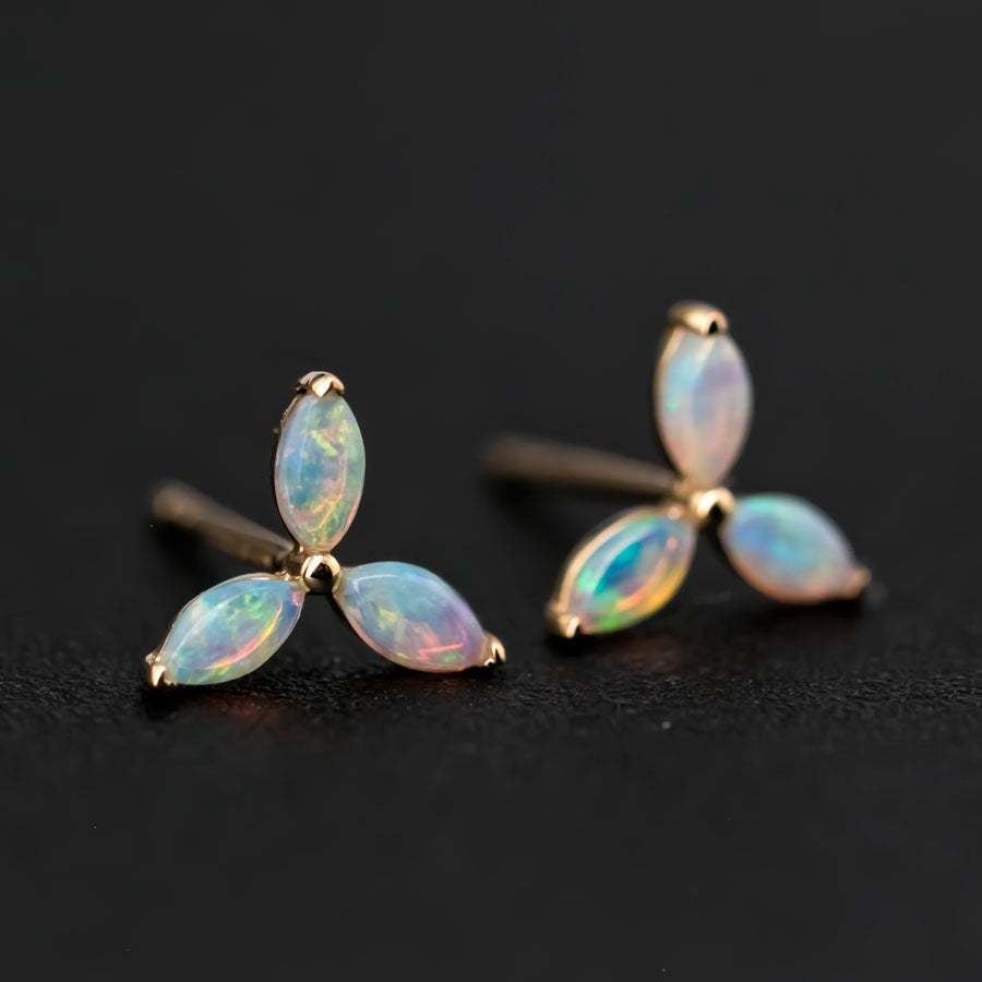Three Stone Marquise Australian Solid Opal Stud Earrings 18K Yellow Gold