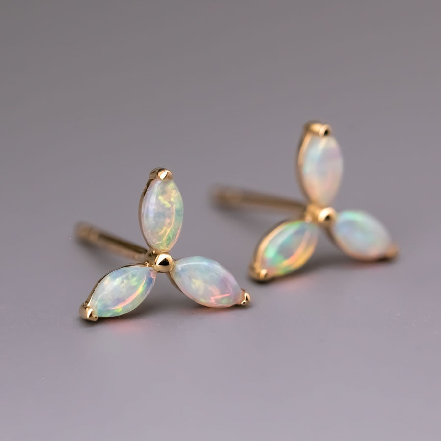 Three Stone Marquise Australian Solid Opal Stud Earrings 18K Yellow Gold