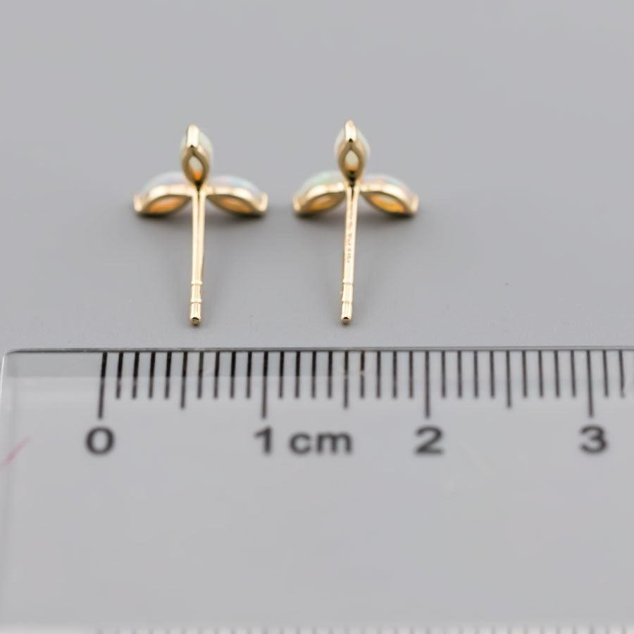 Three Stone Marquise Australian Solid Opal Stud Earrings 18K Yellow Gold