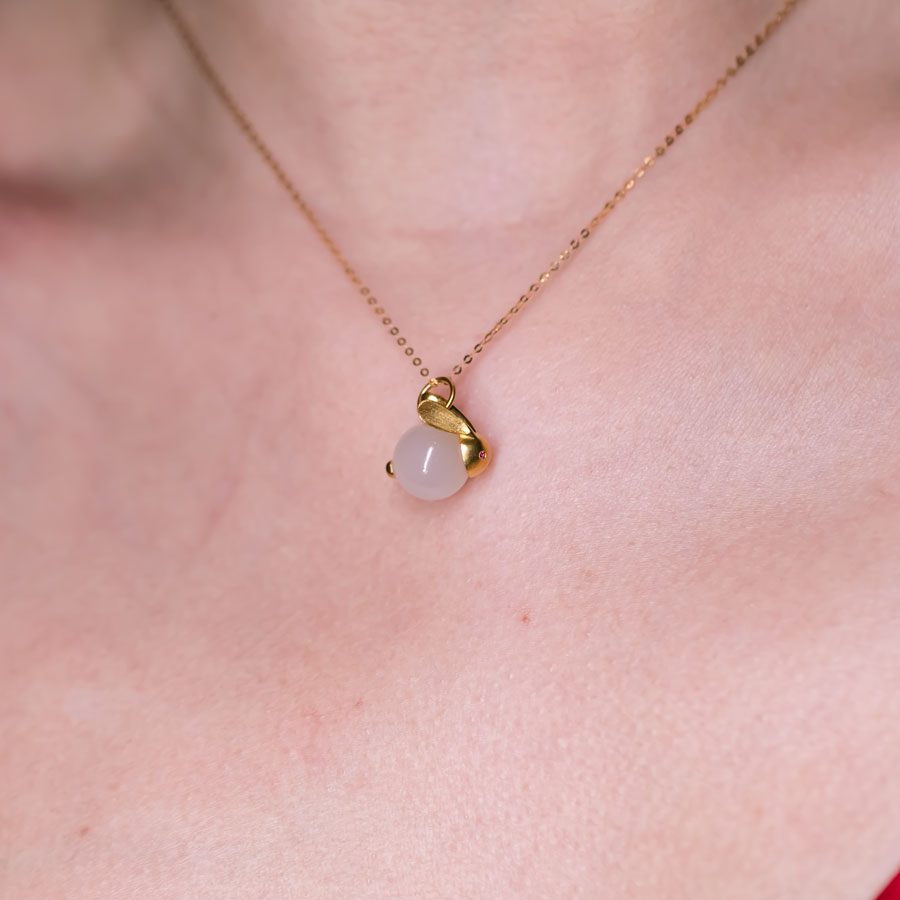 Adorable White Jade Bunny Necklace: Gold-Plated Silver