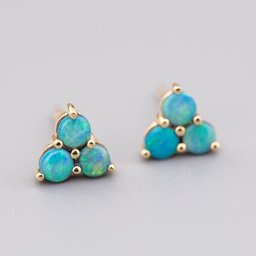 Minimalist Three Stone Australian Doublet Opal Stud Earrings 14K Yellow Gold