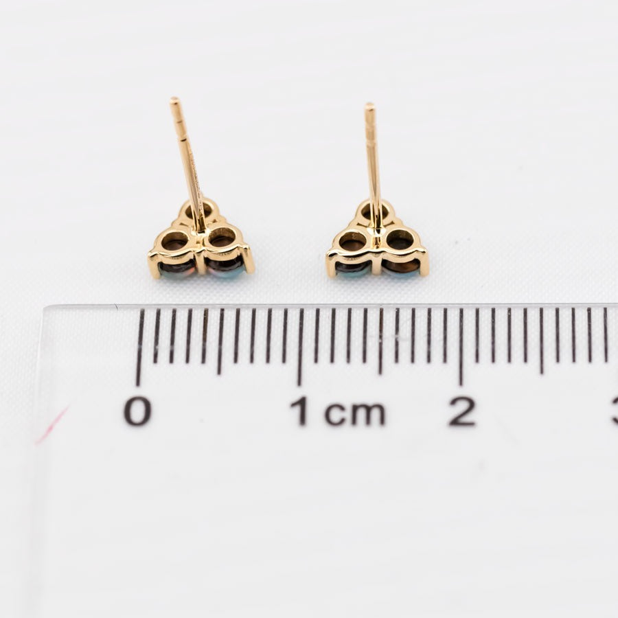 Minimalist Three Stone Australian Doublet Opal Stud Earrings 14K Yellow Gold