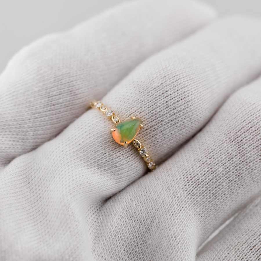 Minimalist Mexican Fire Opal Diamond Engagement Ring 18K Yellow Gold