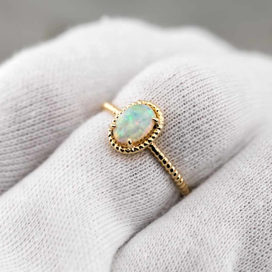 Twisted Band Oval Australian Solid Opal Ring in 14K Yellow Gold