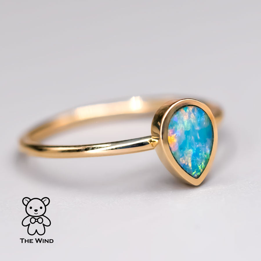 Geometric Pear Shaped Australian Doublet Opal Engagement Ring 14K Yellow Gold