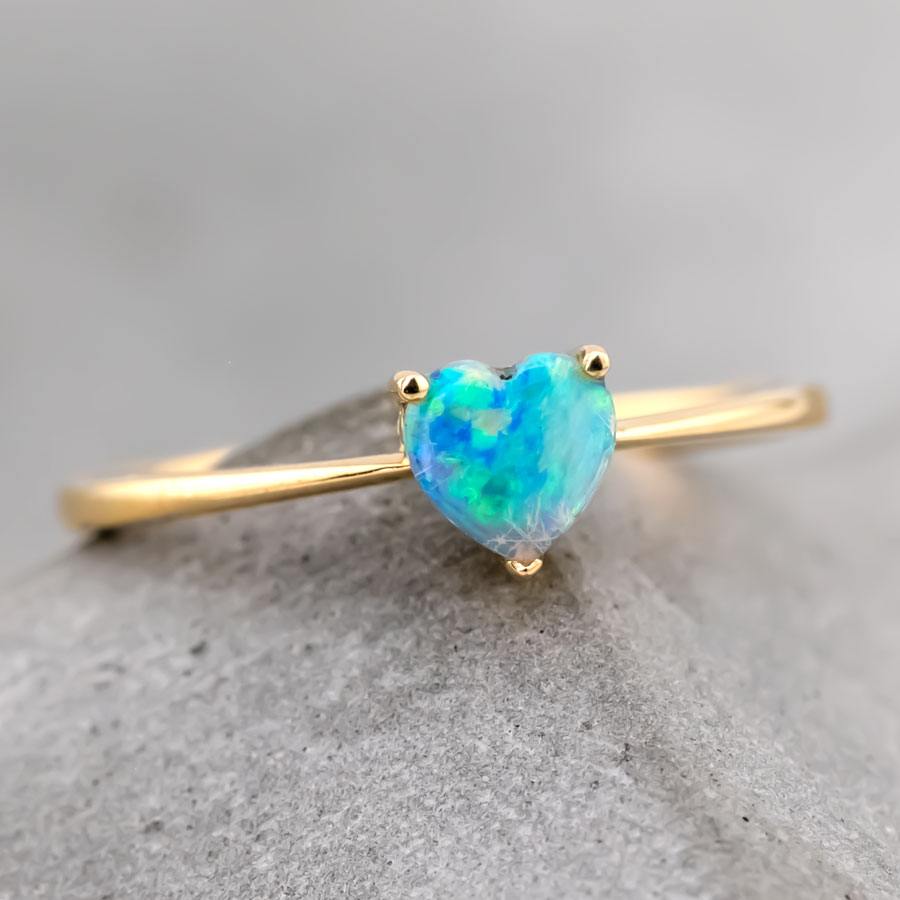 Minimalist Heart Shaped Solid Opal Engagement Ring 14K Yellow Gold