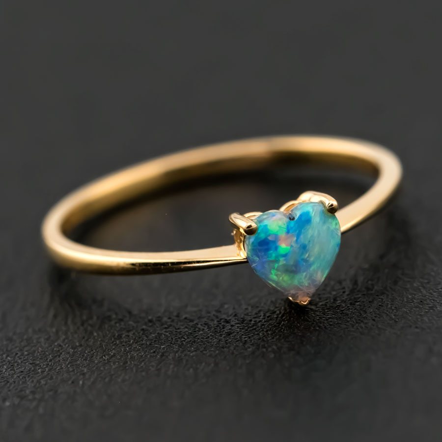Minimalist Heart Shaped Solid Opal Engagement Ring 14K Yellow Gold