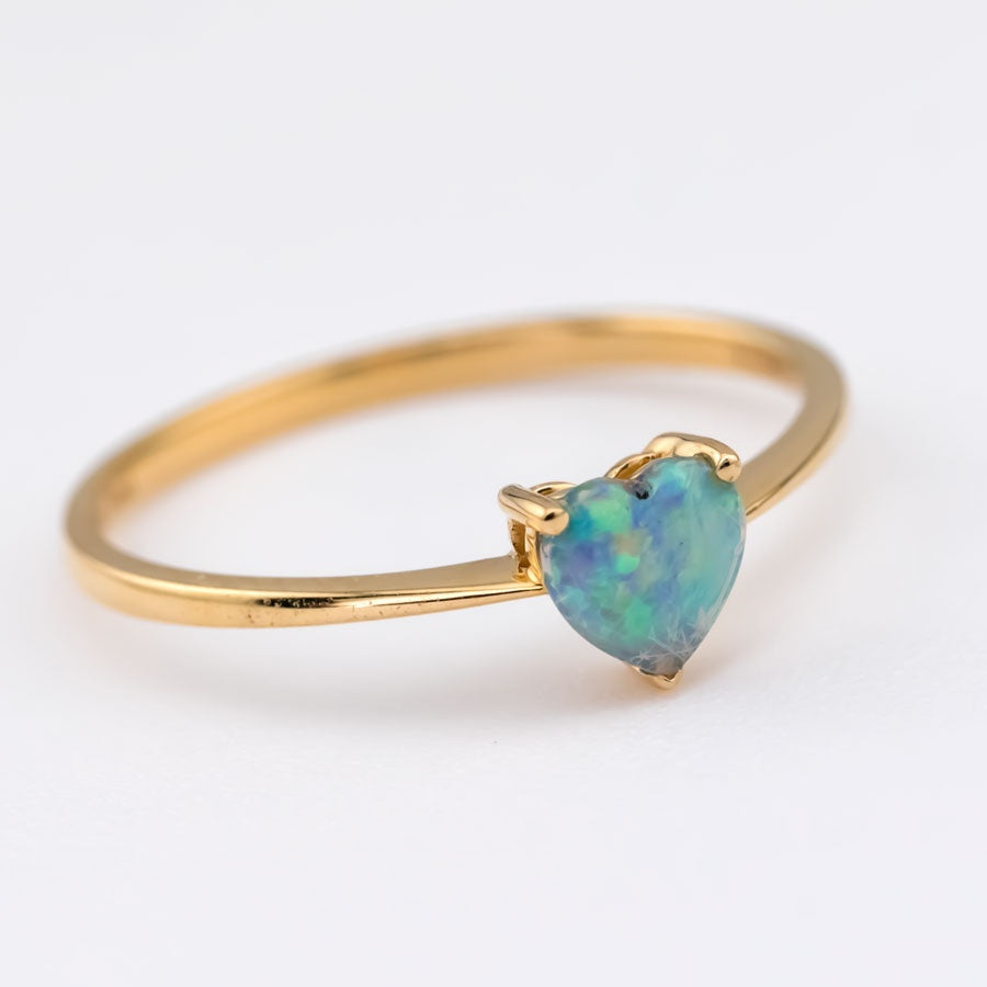 Minimalist Heart Shaped Solid Opal Engagement Ring 14K Yellow Gold