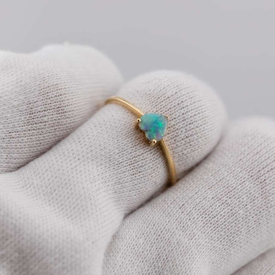 Minimalist Heart Shaped Solid Opal Engagement Ring 14K Yellow Gold