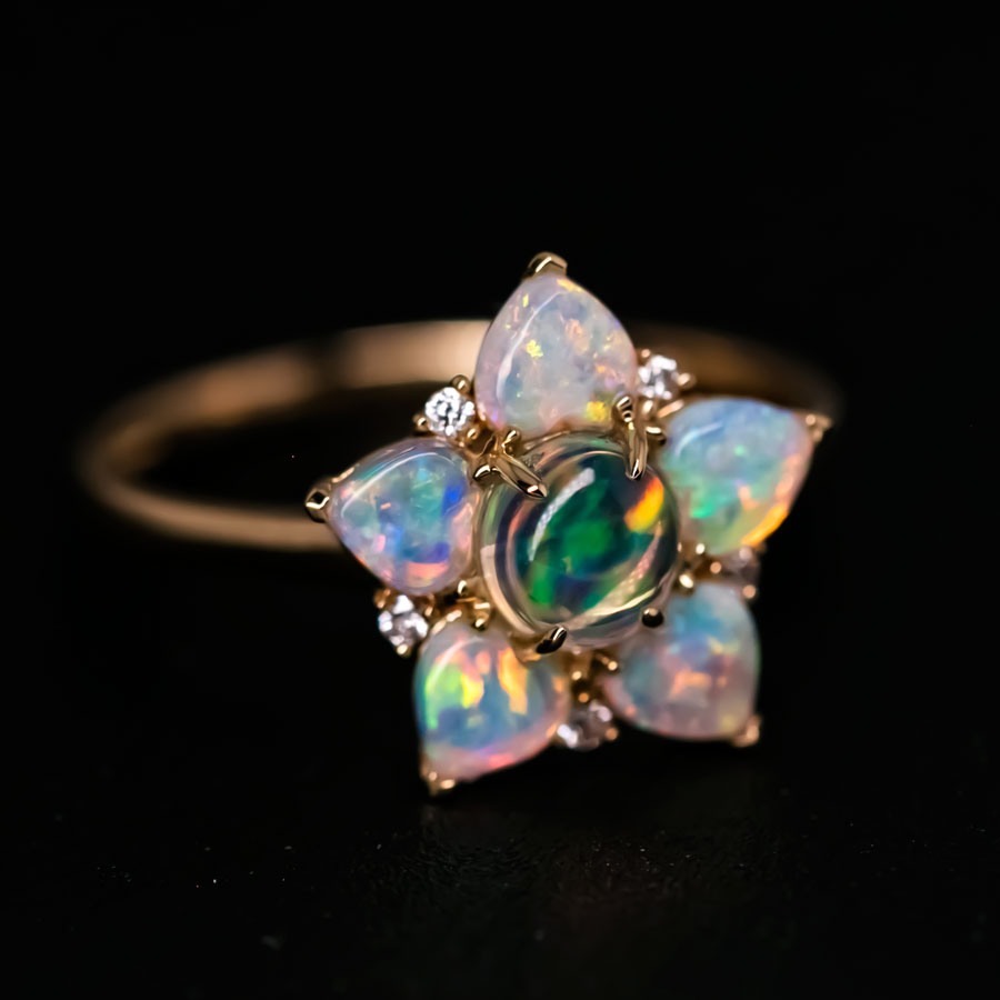In My Heart - Fire Opal & Australian Opal Diamond Engagement Ring 18K Gold