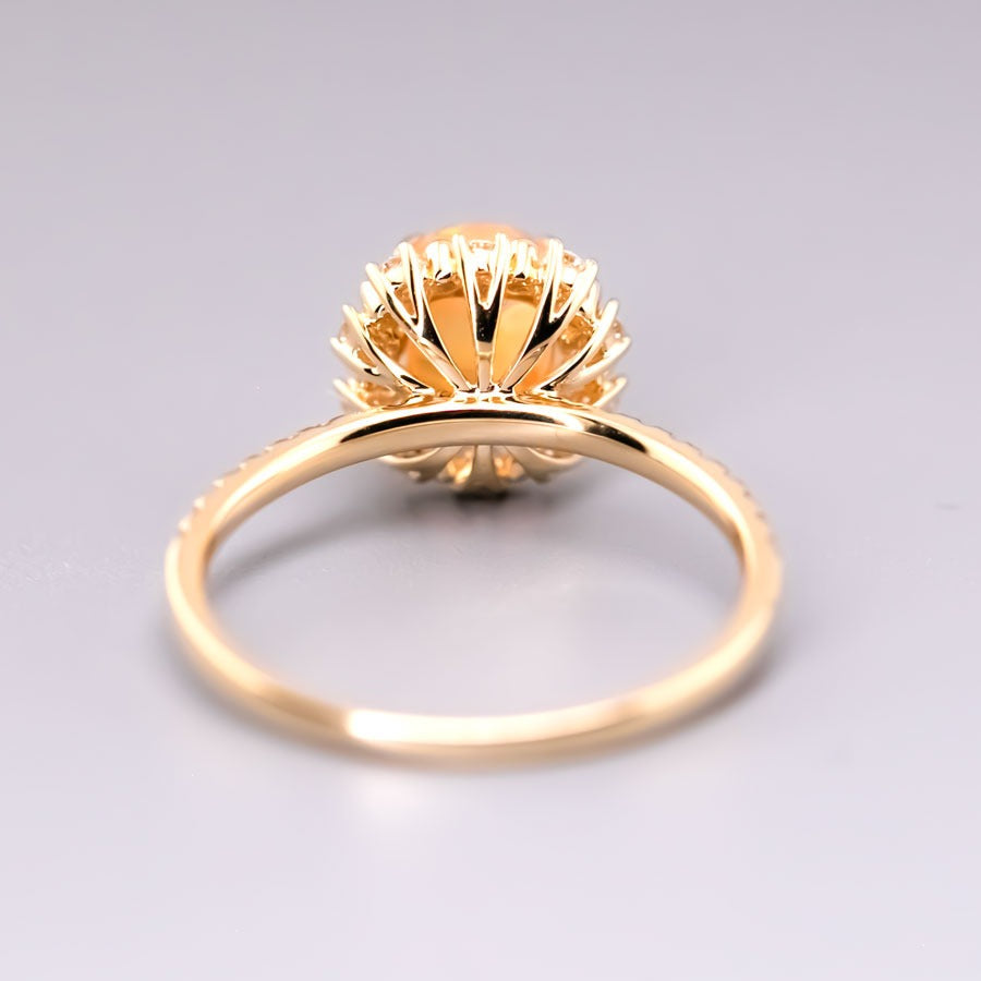 Adorable Orange Fire Opal & Halo Diamond Engagement Ring 18K Yellow Gold