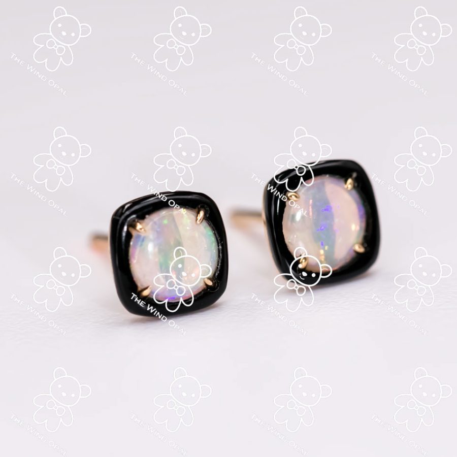 Black Agate Round Australian Solid Opal Stud Earrings 14K Yellow Gold
