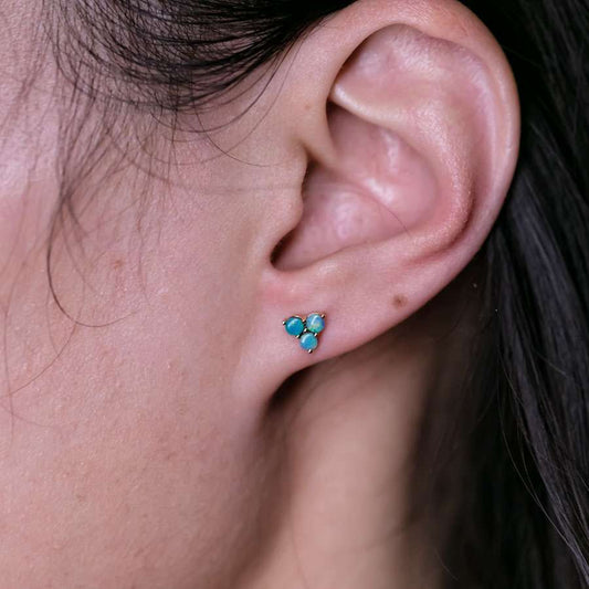 Minimalist Three Stone Australian Doublet Opal Stud Earrings 14K Yellow Gold