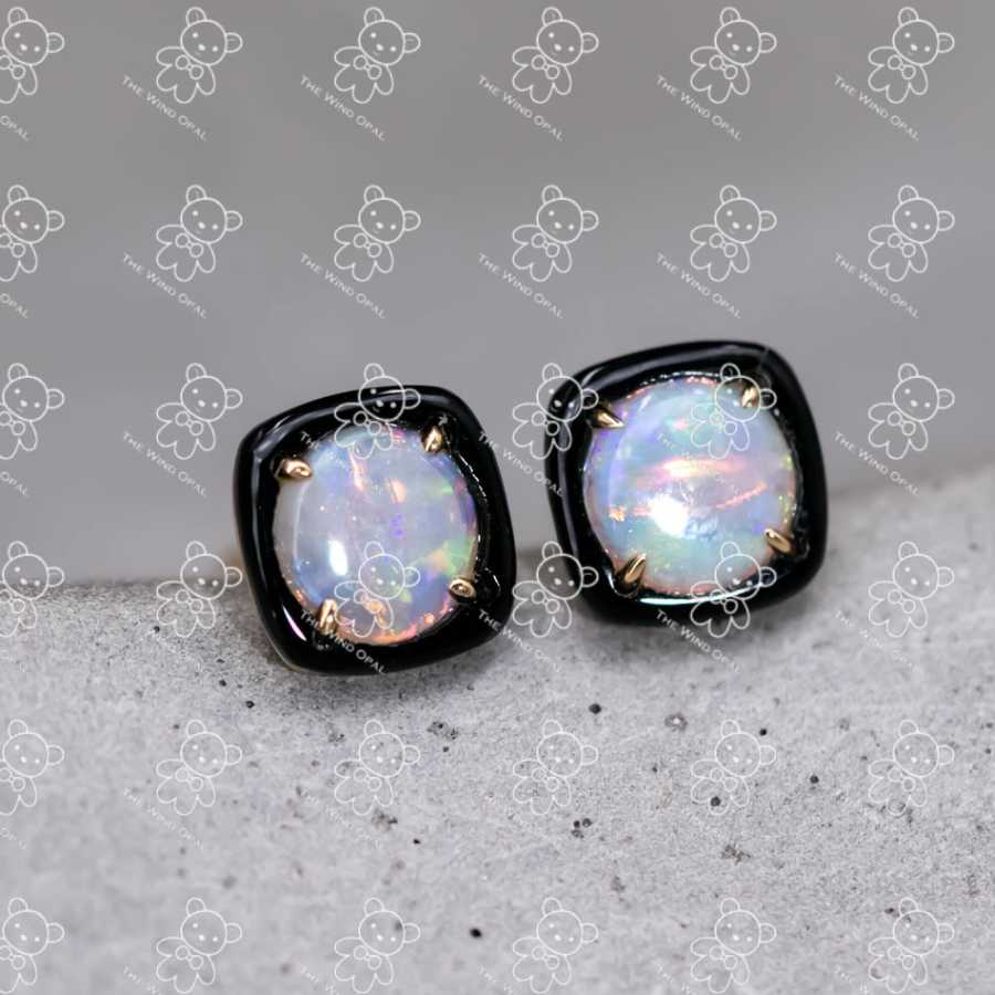 Black Agate Round Australian Solid Opal Stud Earrings 14K Yellow Gold