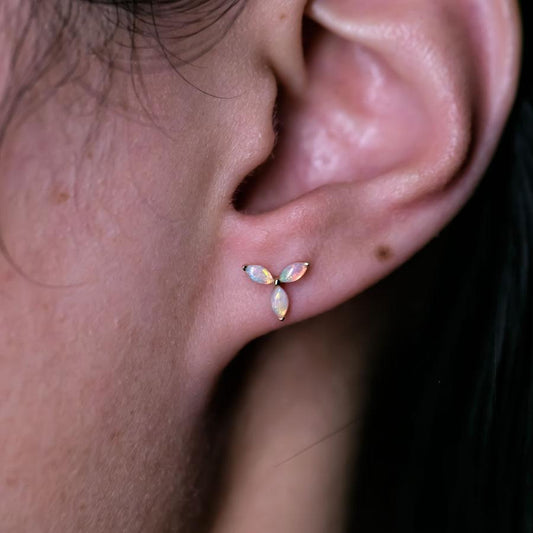 Three Stone Marquise Australian Solid Opal Stud Earrings 18K Yellow Gold
