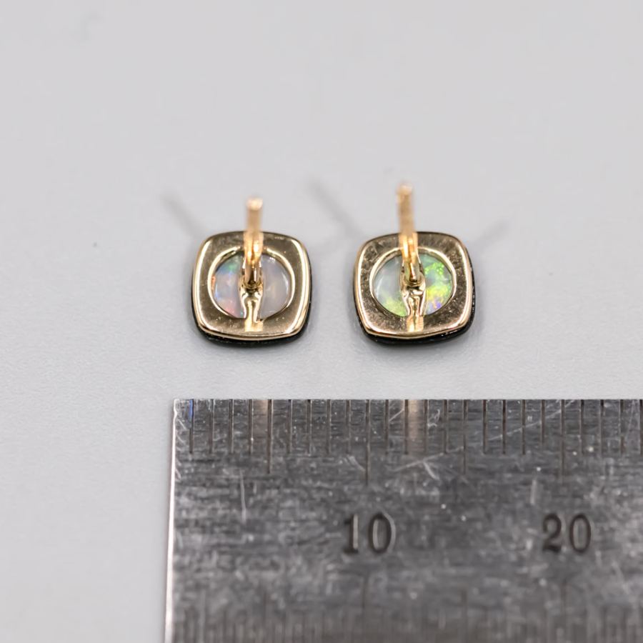 Black Agate Round Australian Solid Opal Stud Earrings 14K Yellow Gold