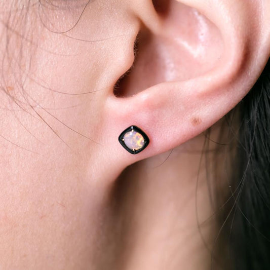 Black Agate Round Australian Solid Opal Stud Earrings 14K Yellow Gold