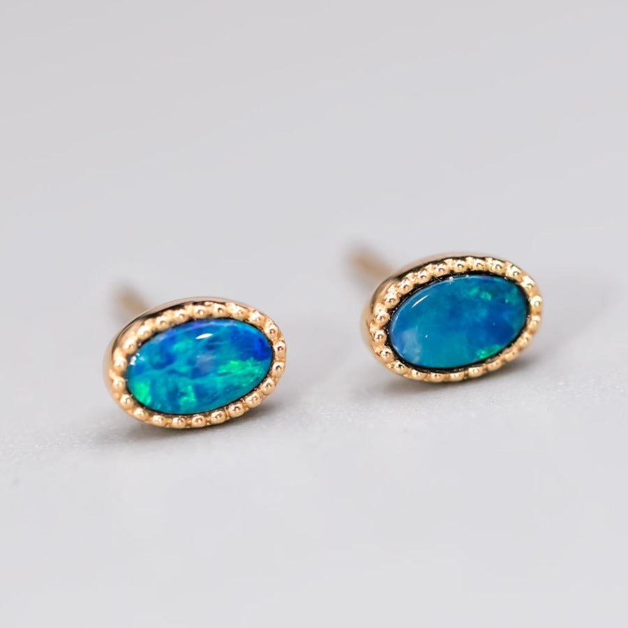 Minimalist Oval Doublet Opal Stud Earrings 18K Yellow Gold