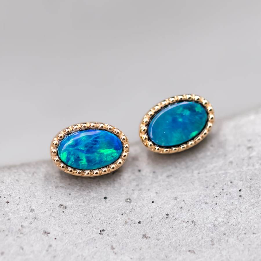 Minimalist Oval Doublet Opal Stud Earrings 18K Yellow Gold