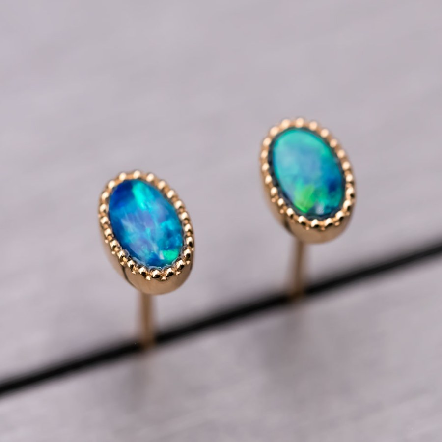Minimalist Oval Doublet Opal Stud Earrings 18K Yellow Gold