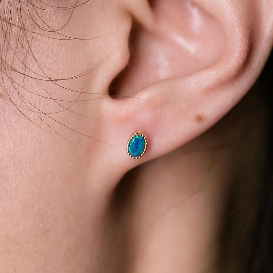 Minimalist Oval Doublet Opal Stud Earrings 18K Yellow Gold