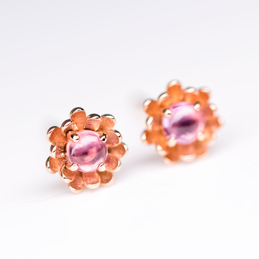 Peony Flower Stud Earrings with Pink Sapphire 14K Rose Gold
