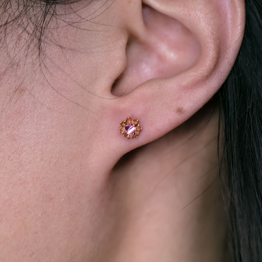 Peony Flower Stud Earrings with Pink Sapphire 14K Rose Gold