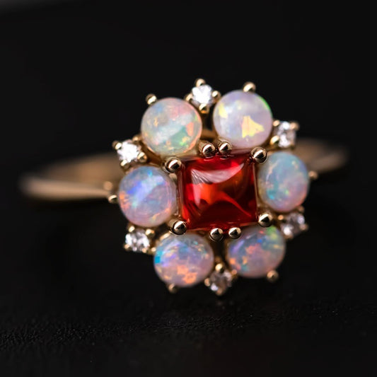 The Precious - Sugarloaf Cut Mexican Fire Opal Diamond Engagement Ring 18K Gold