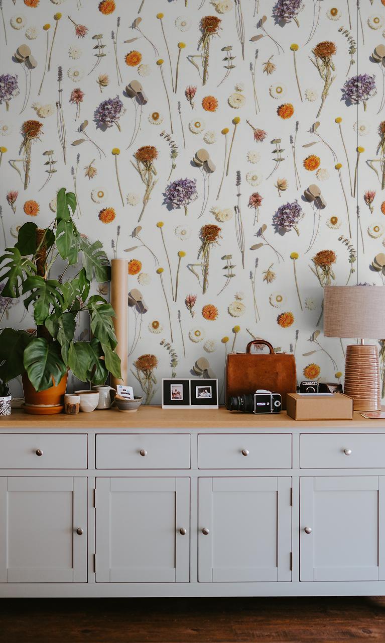 Dried Flora Wallpaper, lavender & orange