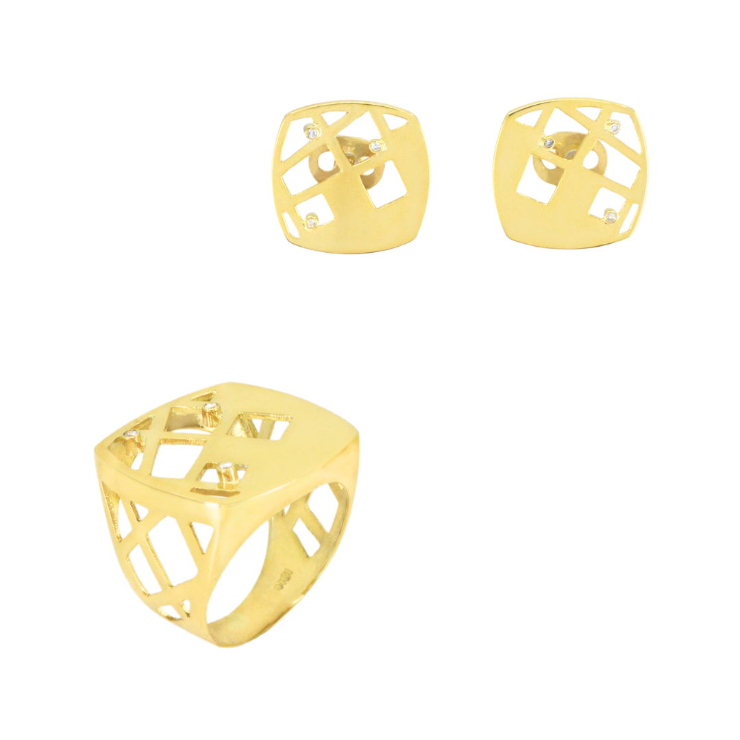 18K yellow gold set with geometric openwork design and single point diamonds CHS-31613 / CHA-31614