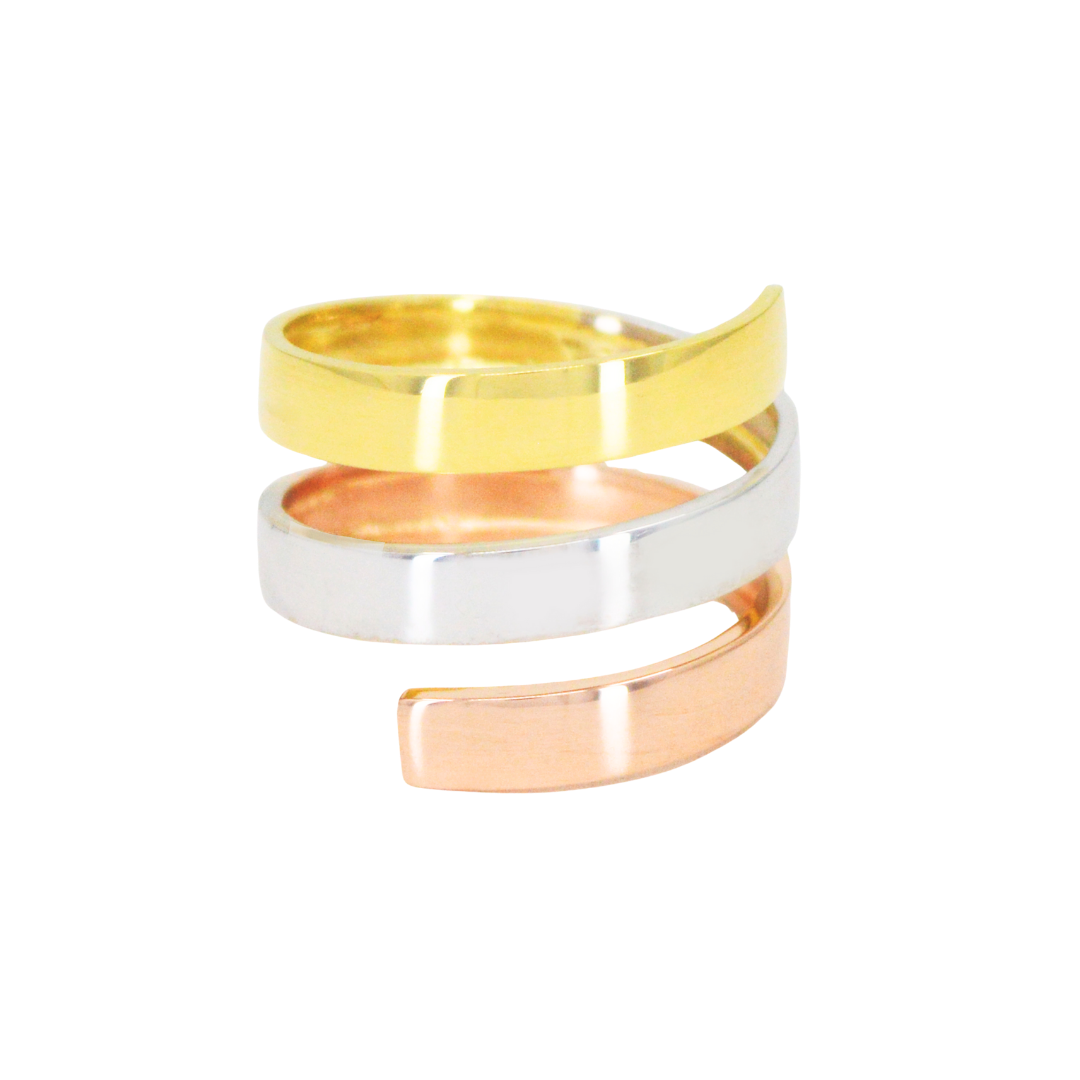 Ring in three shades of gold is spiral, 18K yellow, white and rose gold. CHS-30827
