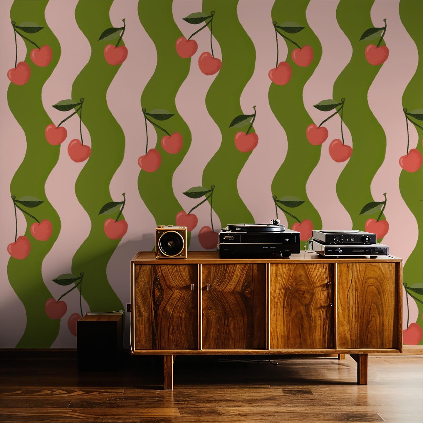 Wavy Cherry Wallpaper, pink & green