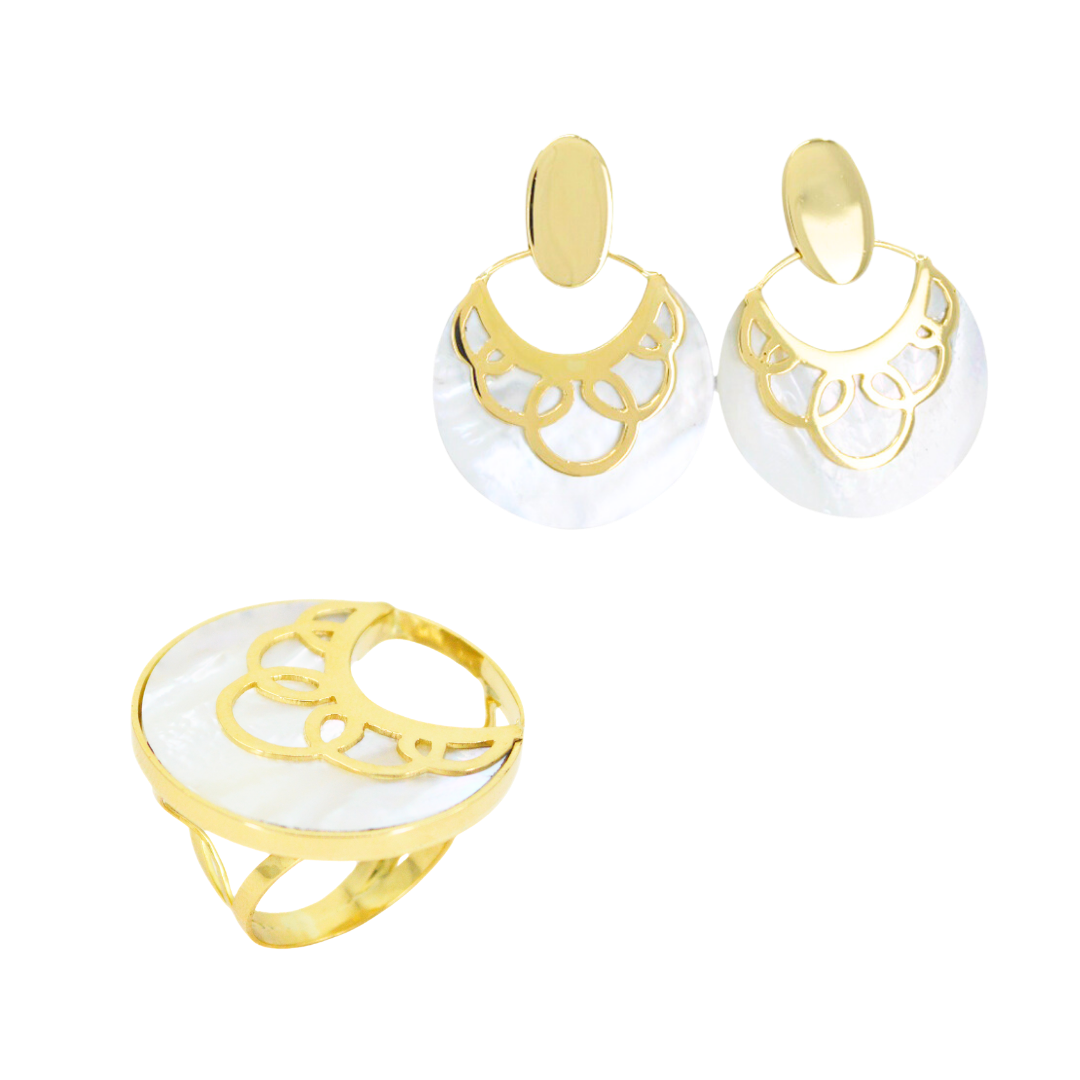 18K yellow gold set of earrings and ring of white mother-of-pearl with circular openwork CHS-30877 / CHA-28796