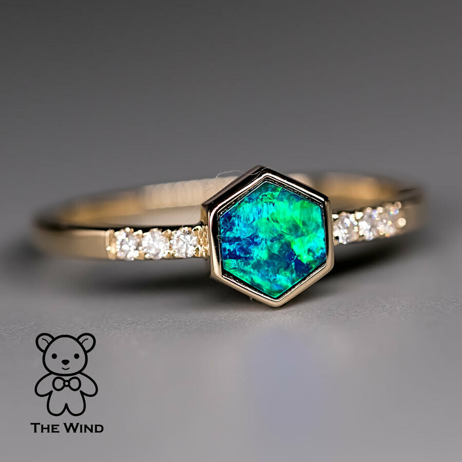 Geometric Design Hexagon Australian Doublet Opal & Diamond Ring 14K Yellow Gold