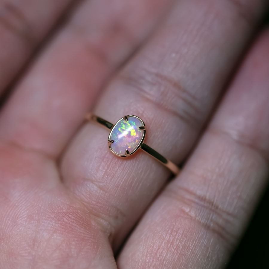 Minimal Style Oval Australian Solid Opal Ring 14k Yellow Gold Band