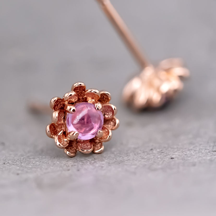 Peony Flower Stud Earrings with Pink Sapphire 14K Rose Gold