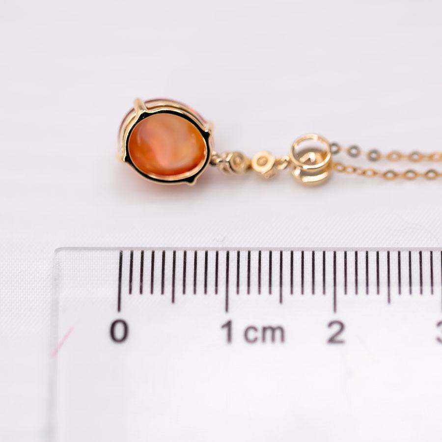 Red Color Mexican Egg Fire Opal Diamond Necklace 18K Yellow Gold