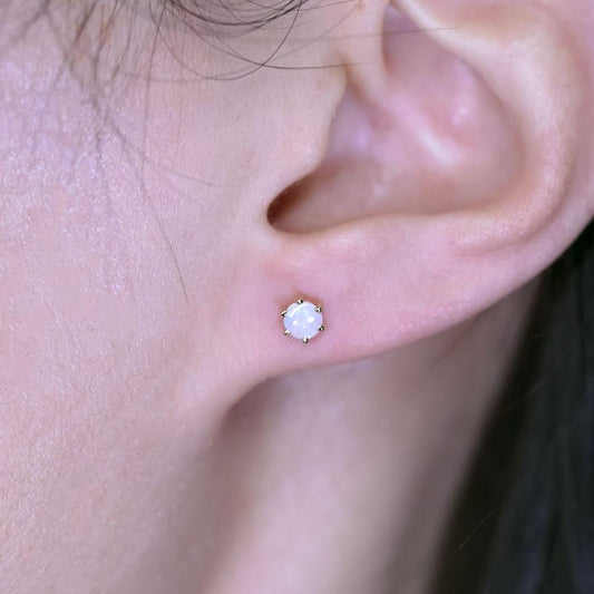 Round Shaped Six Prong Australian Solid Opal Stud Earrings 14K Yellow Gold