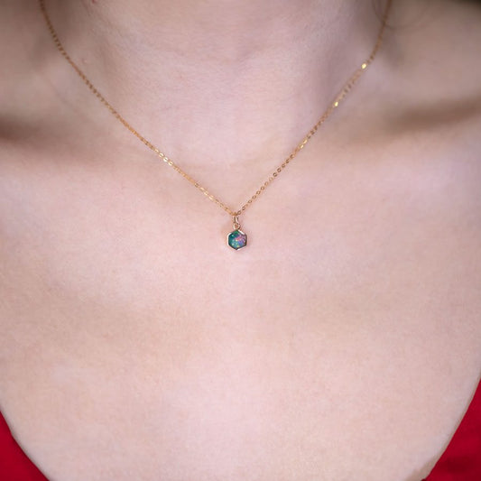 Geometric Pattern Hexagon Doublet Opal Necklace 14k Yellow Gold