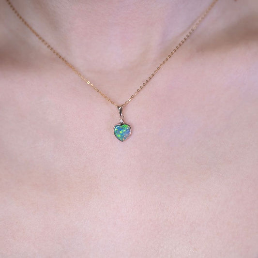 Heart Shaped Doublet Opal Diamond Pendant Necklace 14k Yellow Gold