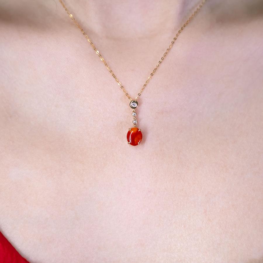 Red Color Mexican Egg Fire Opal Diamond Necklace 18K Yellow Gold