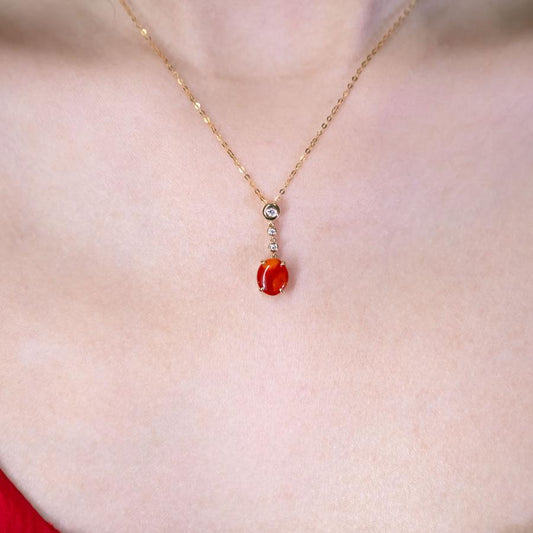 Red Color Mexican Egg Fire Opal Diamond Necklace 18K Yellow Gold