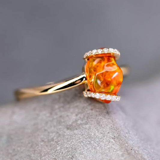 Ribbon Wrap Fire Opal Diamond Engagement Wedding Ring 18K Yellow Gold