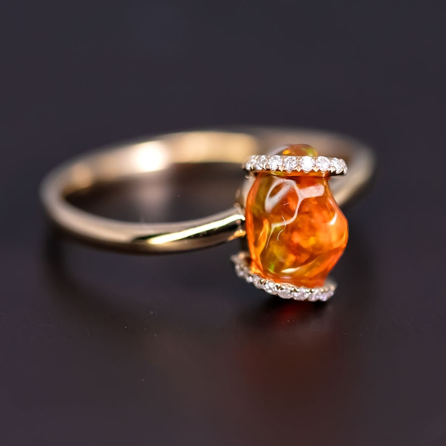 Ribbon Wrap Fire Opal Diamond Engagement Wedding Ring 18K Yellow Gold