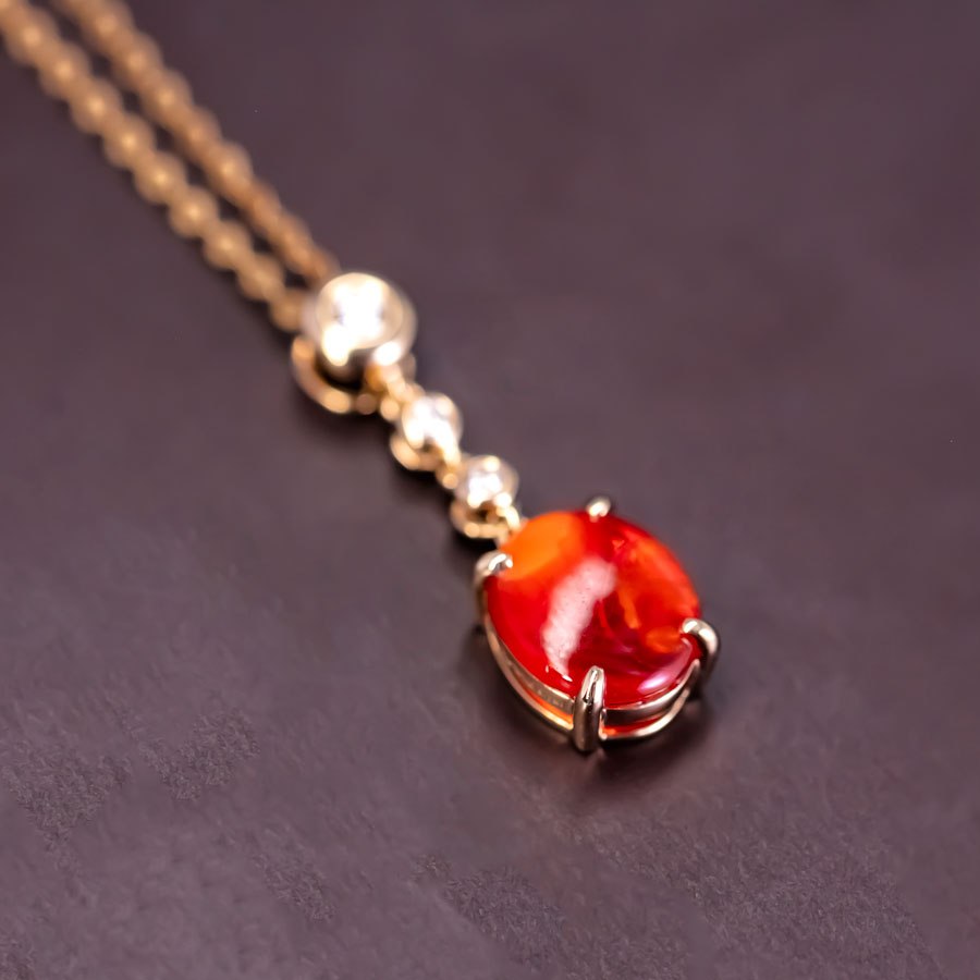 Red Color Mexican Egg Fire Opal Diamond Necklace 18K Yellow Gold