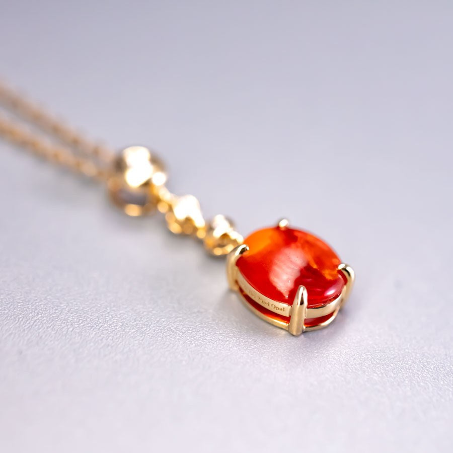 Red Color Mexican Egg Fire Opal Diamond Necklace 18K Yellow Gold