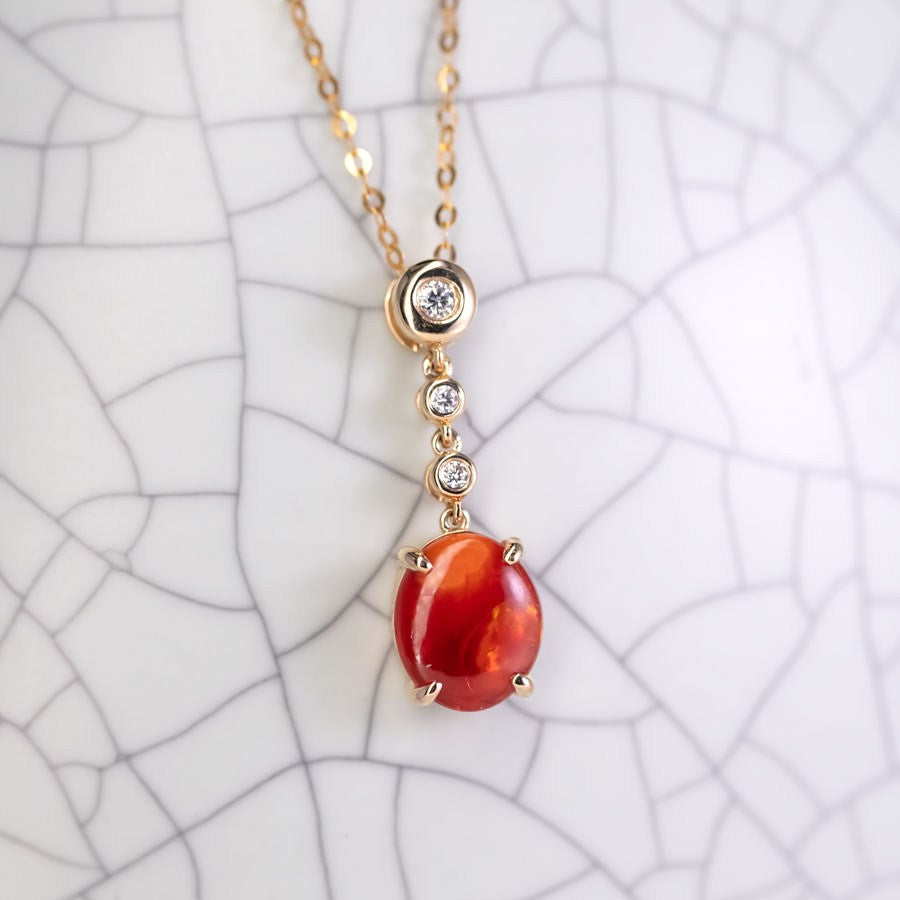 Red Color Mexican Egg Fire Opal Diamond Necklace 18K Yellow Gold